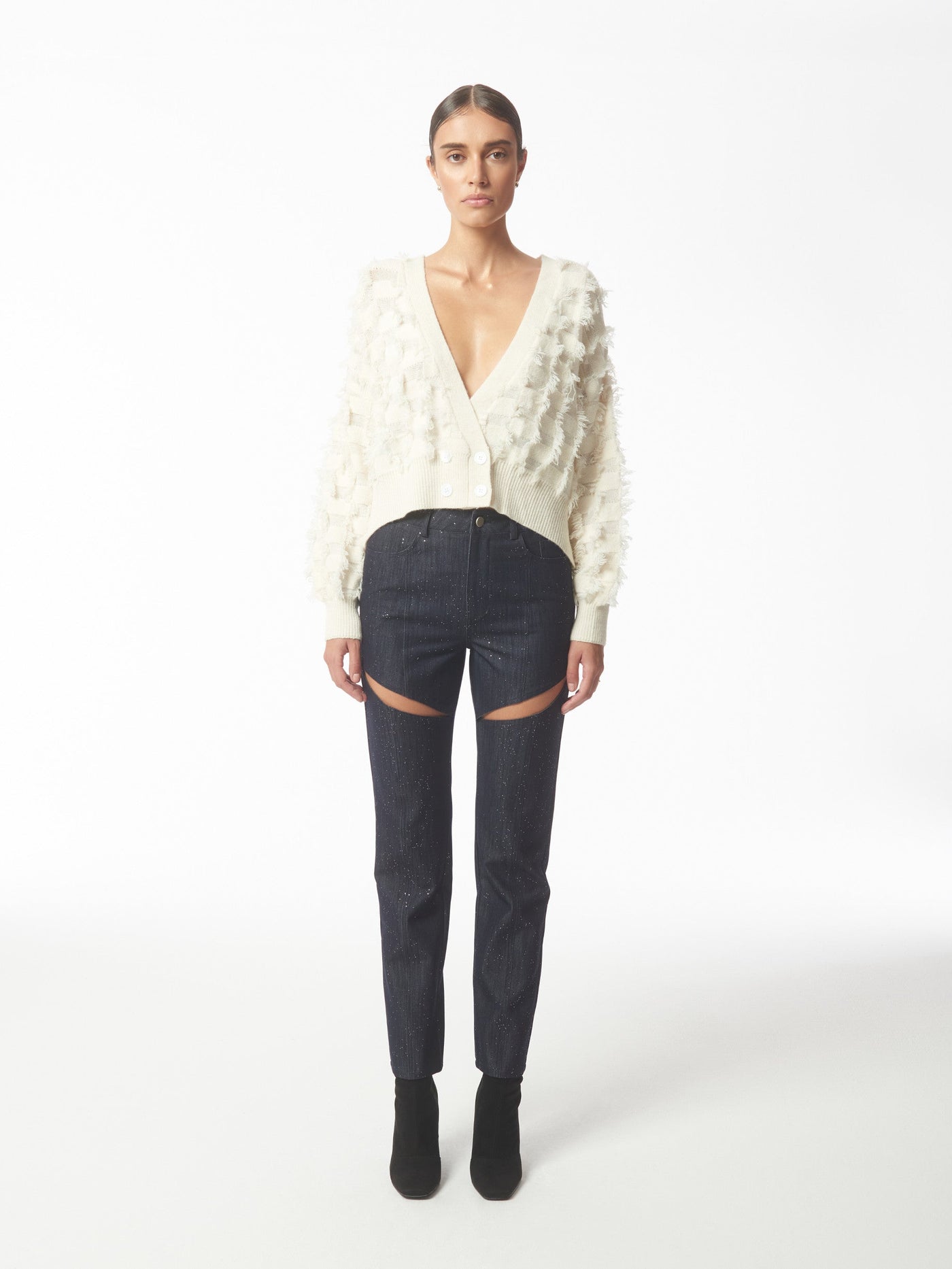 Fringed Checkerboard Cardigan in White