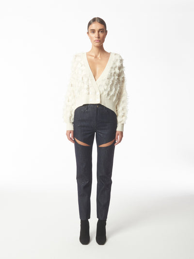 Fringed Checkerboard Cardigan in White