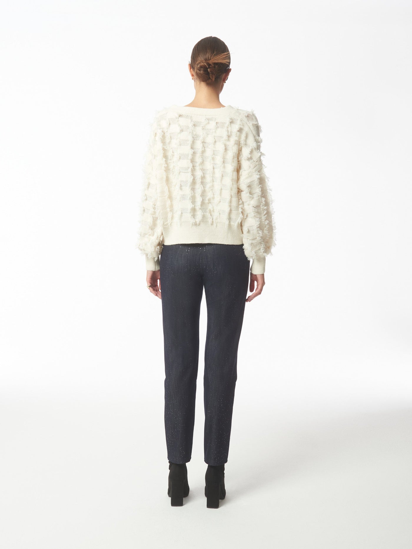 SOUR FIGS Checkerboard Fringed Cardigan in White