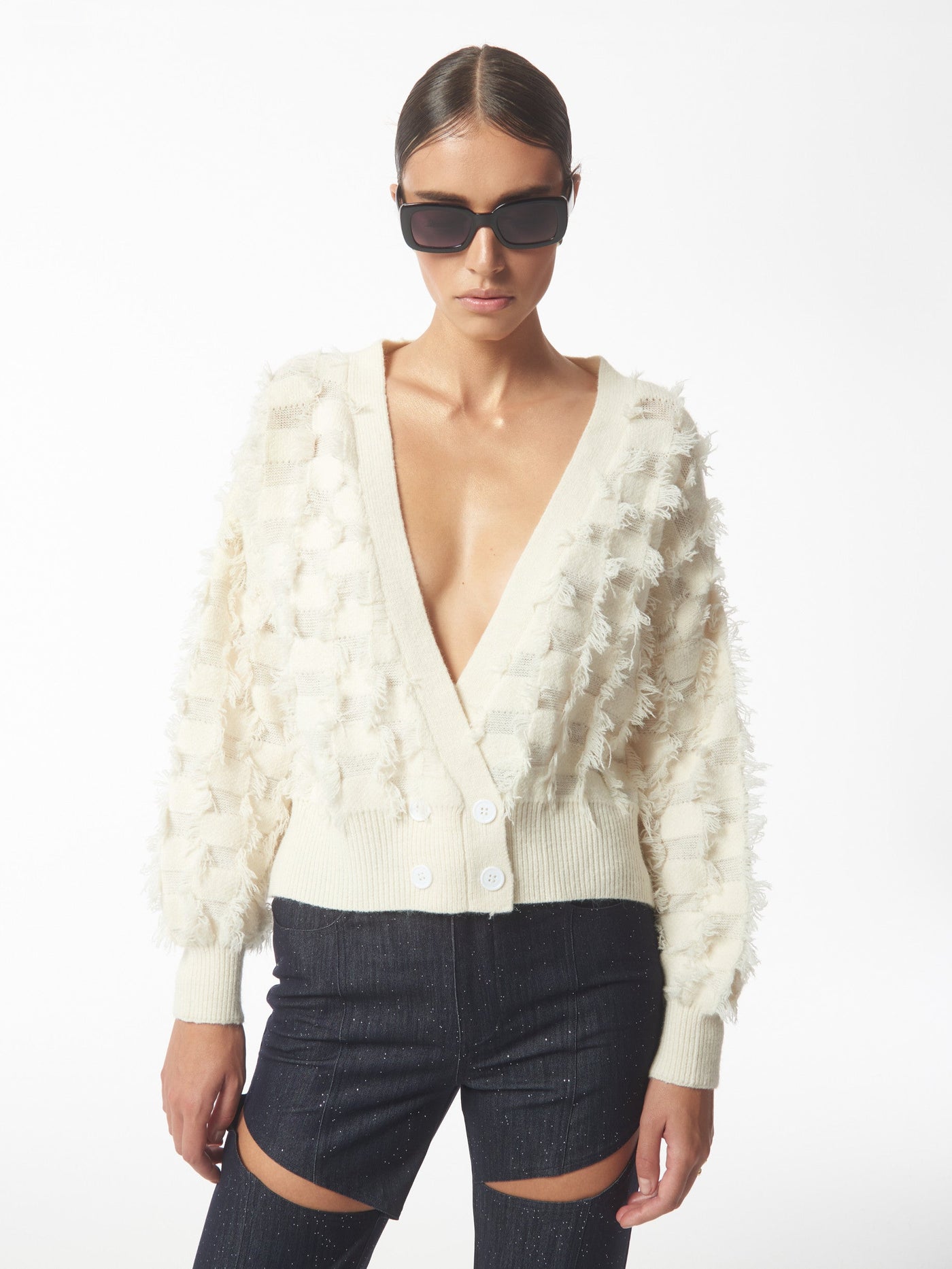 SOUR FIGS Checkerboard Fringed Cardigan in White