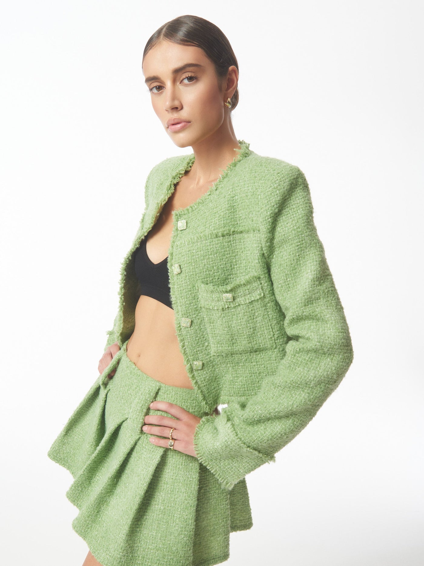 Pleated Bouclé Tweed Mini Skirt in Pistachio Green