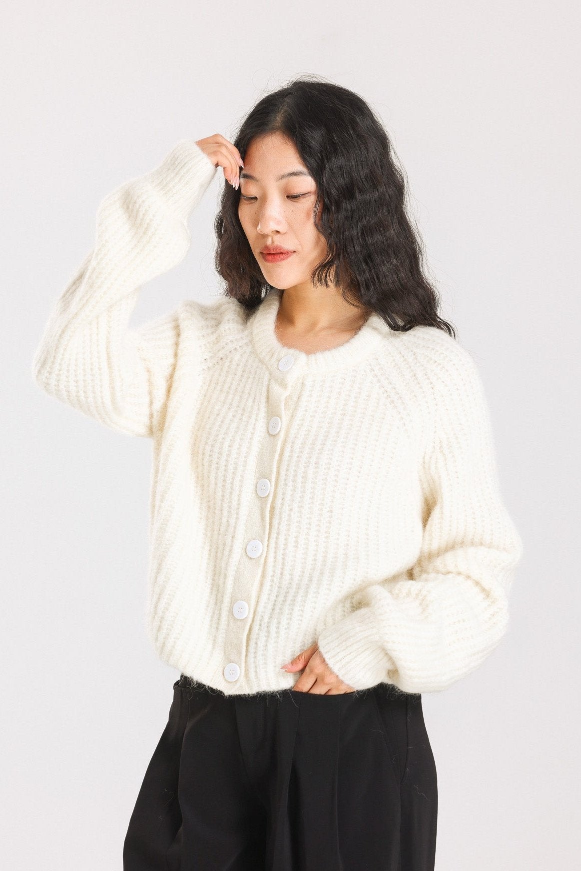 Janet Ribbed Alpaca wool  Knit Cardigan - Cream