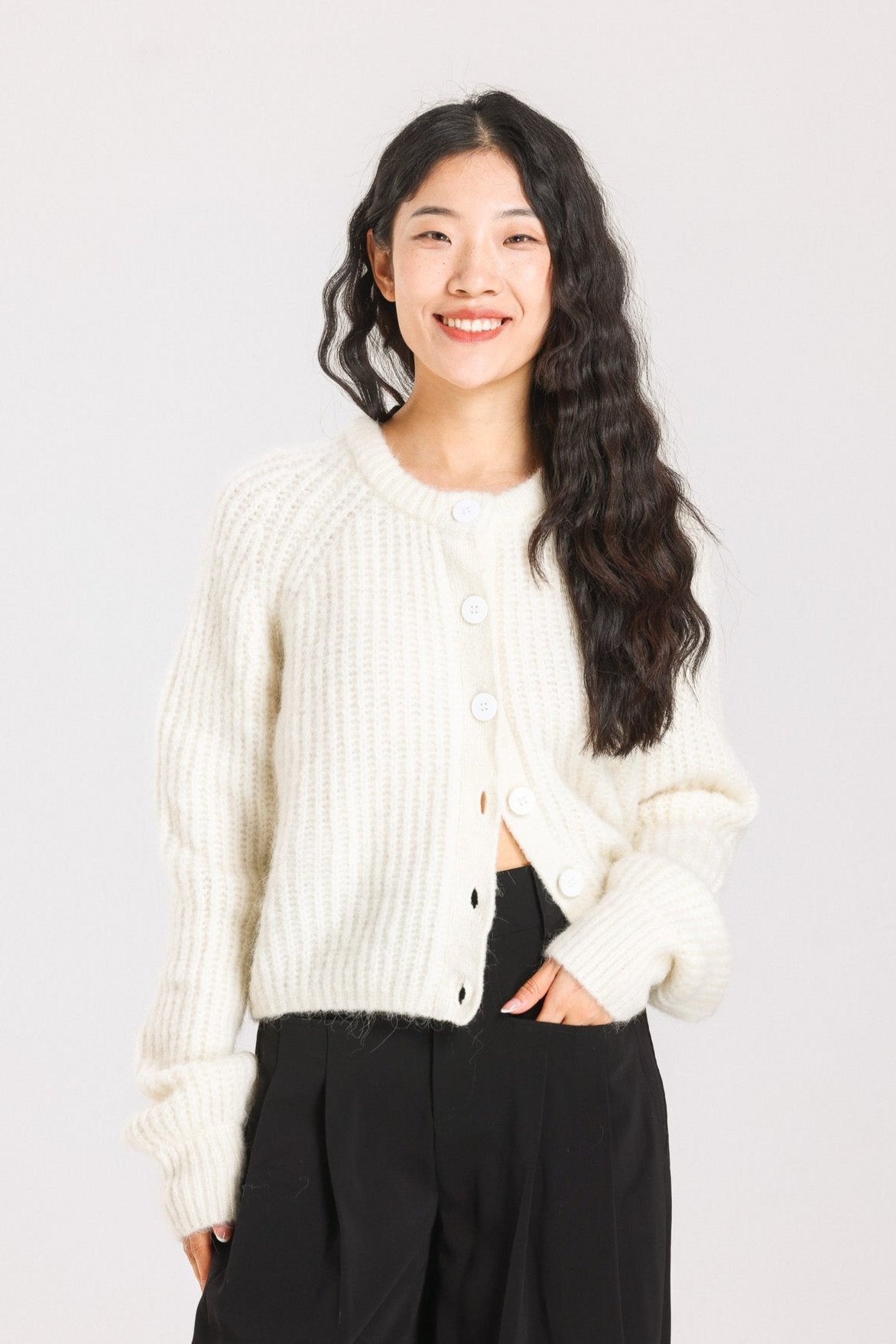 Janet Ribbed Alpaca wool  Knit Cardigan - Cream