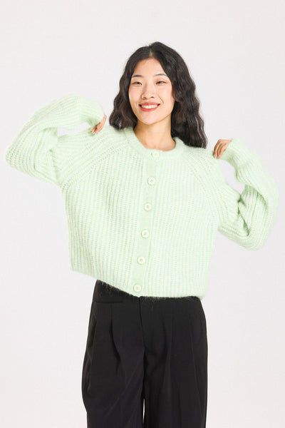 Janet Ribbed Alpaca wool  Knit Cardigan  - Lime