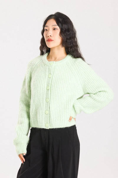 Janet Ribbed Alpaca wool  Knit Cardigan  - Lime