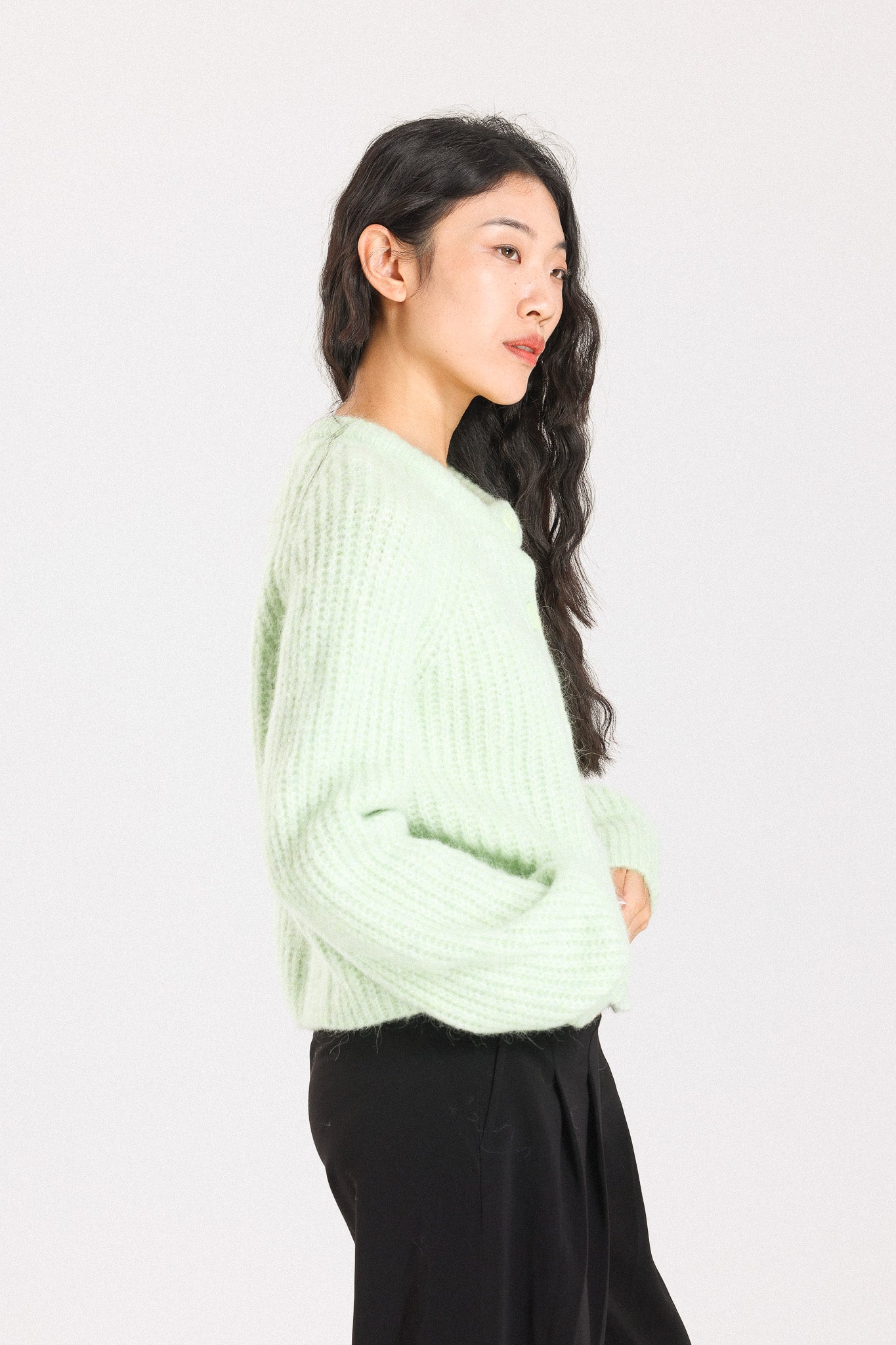 Janet Ribbed Alpaca wool  Knit Cardigan  - Lime