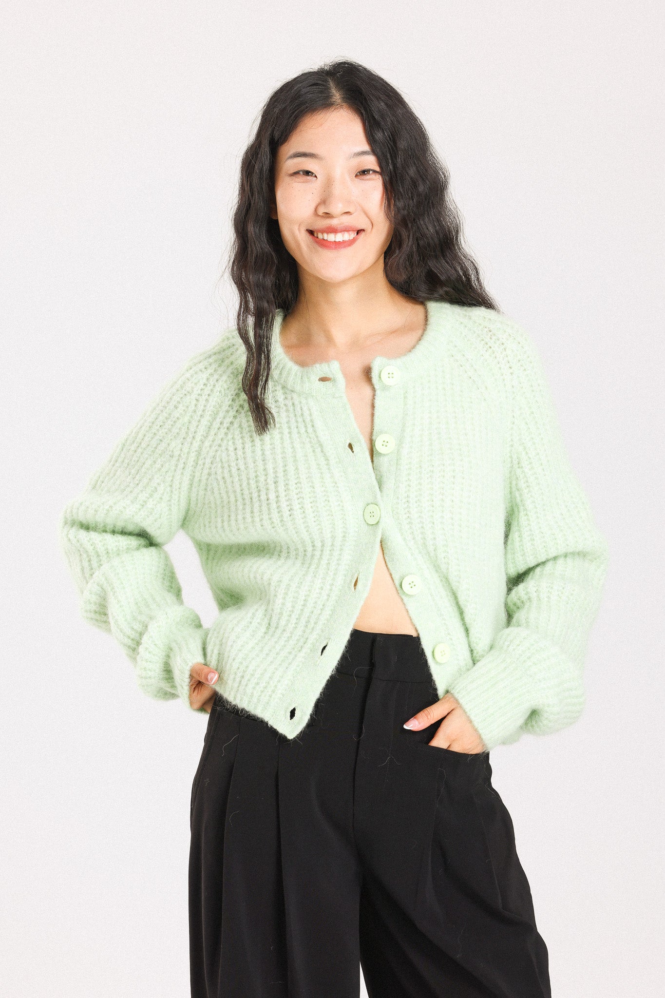 Janet Ribbed Alpaca wool  Knit Cardigan  - Lime