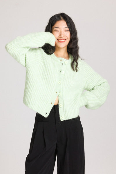 Janet Ribbed Alpaca wool  Knit Cardigan  - Lime