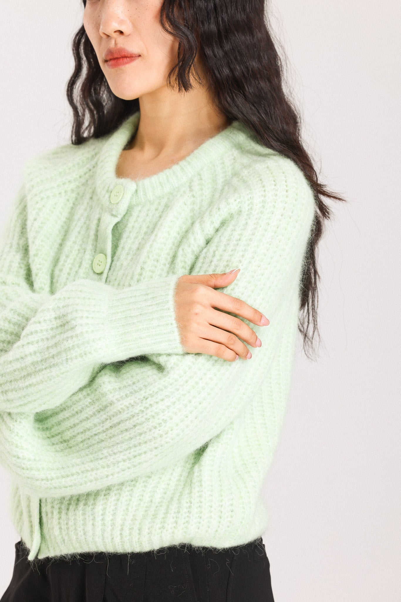 Janet Ribbed Alpaca wool  Knit Cardigan  - Lime