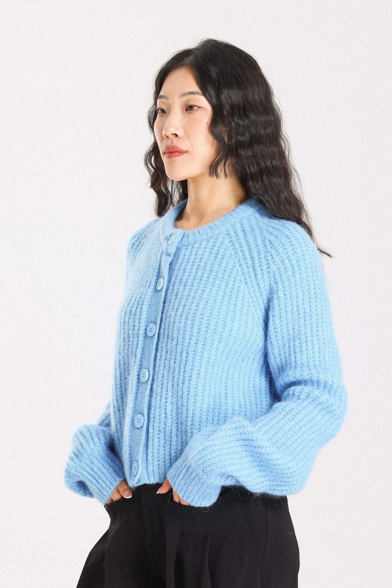 Janet Ribbed Alpaca wool  Knit Cardigan - Sky