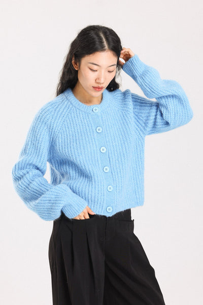 Janet Ribbed Alpaca wool  Knit Cardigan - Sky