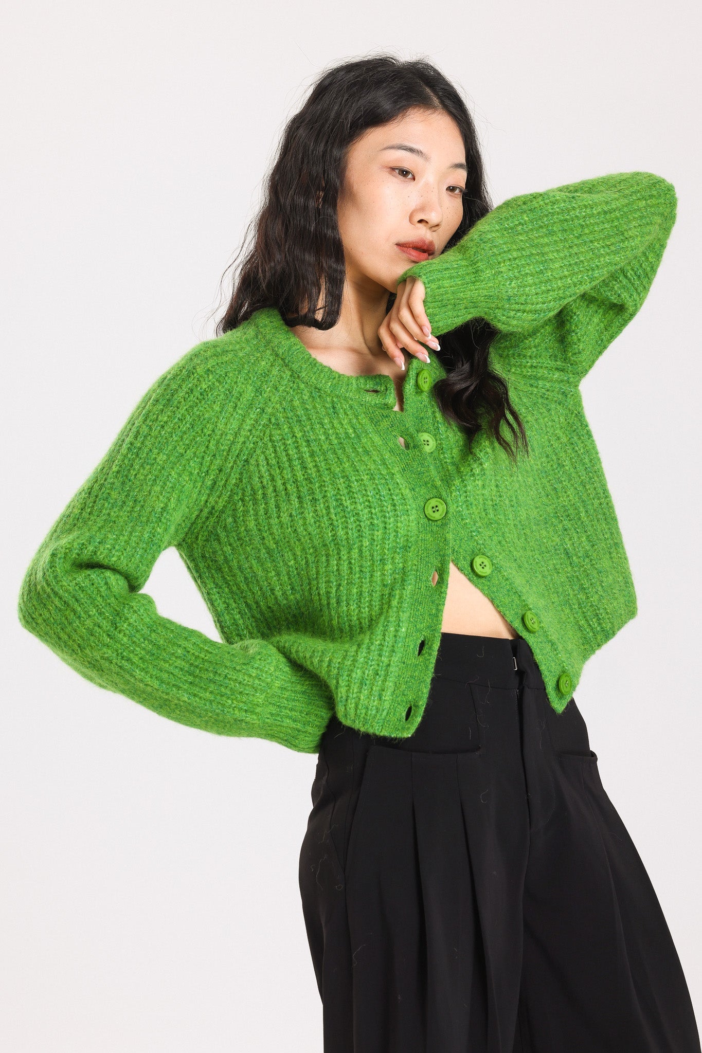 Janet Ribbed Alpaca wool  Knit Cardigan - Green