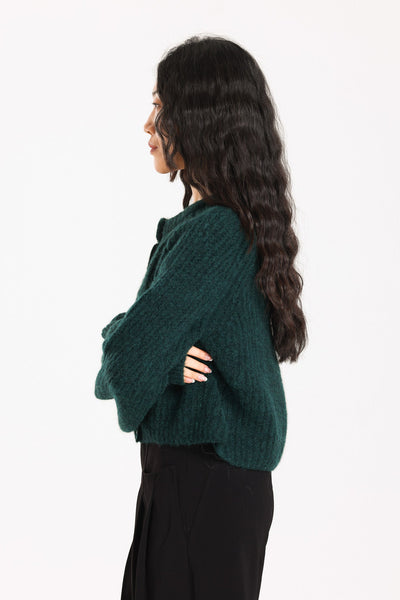 Janet Ribbed Alpaca wool  Knit Cardigan  - Forest