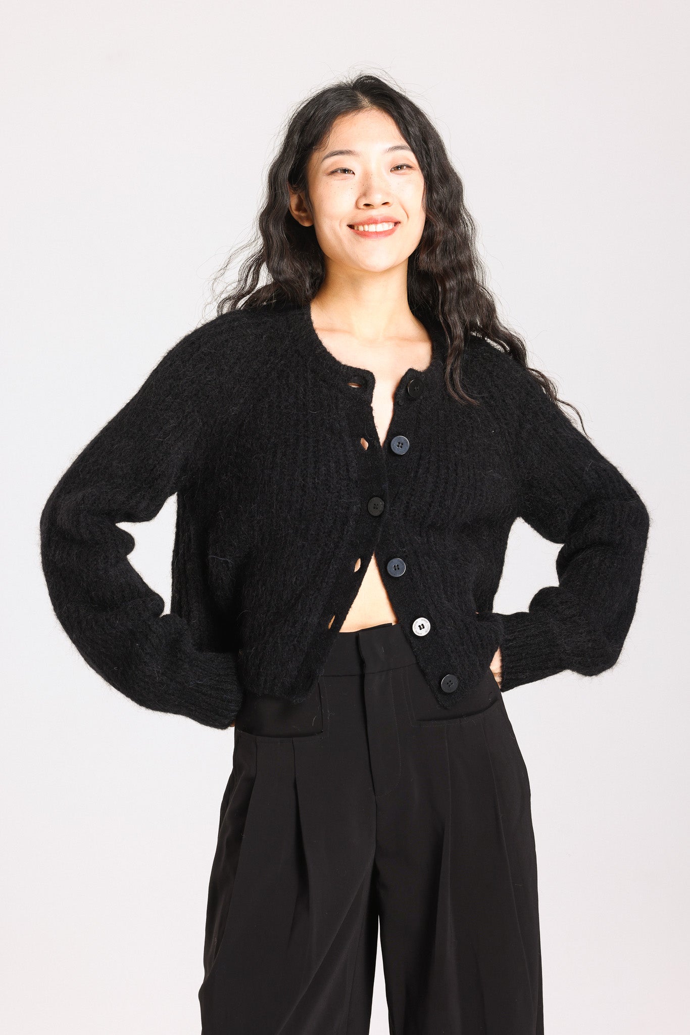 Janet Ribbed Alpaca wool  Knit Cardigan - Black