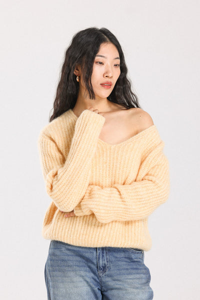 Immy V-neck Basic Alpaca Wool Knit Jumper - Yellow