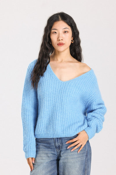 Immy V-neck Basic Alpaca Wool Knit Jumper - Sky