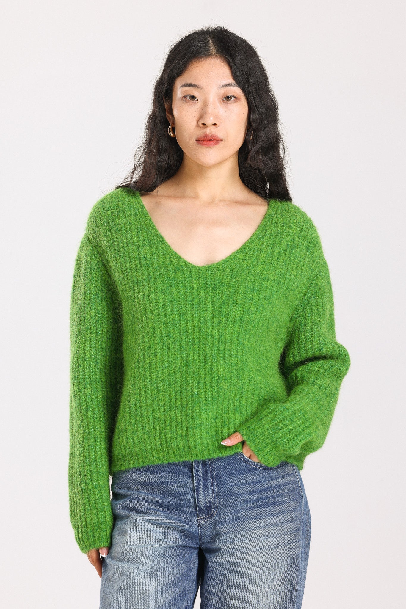 Immy V-neck Basic Alpaca wool  Knit Jumper - Green