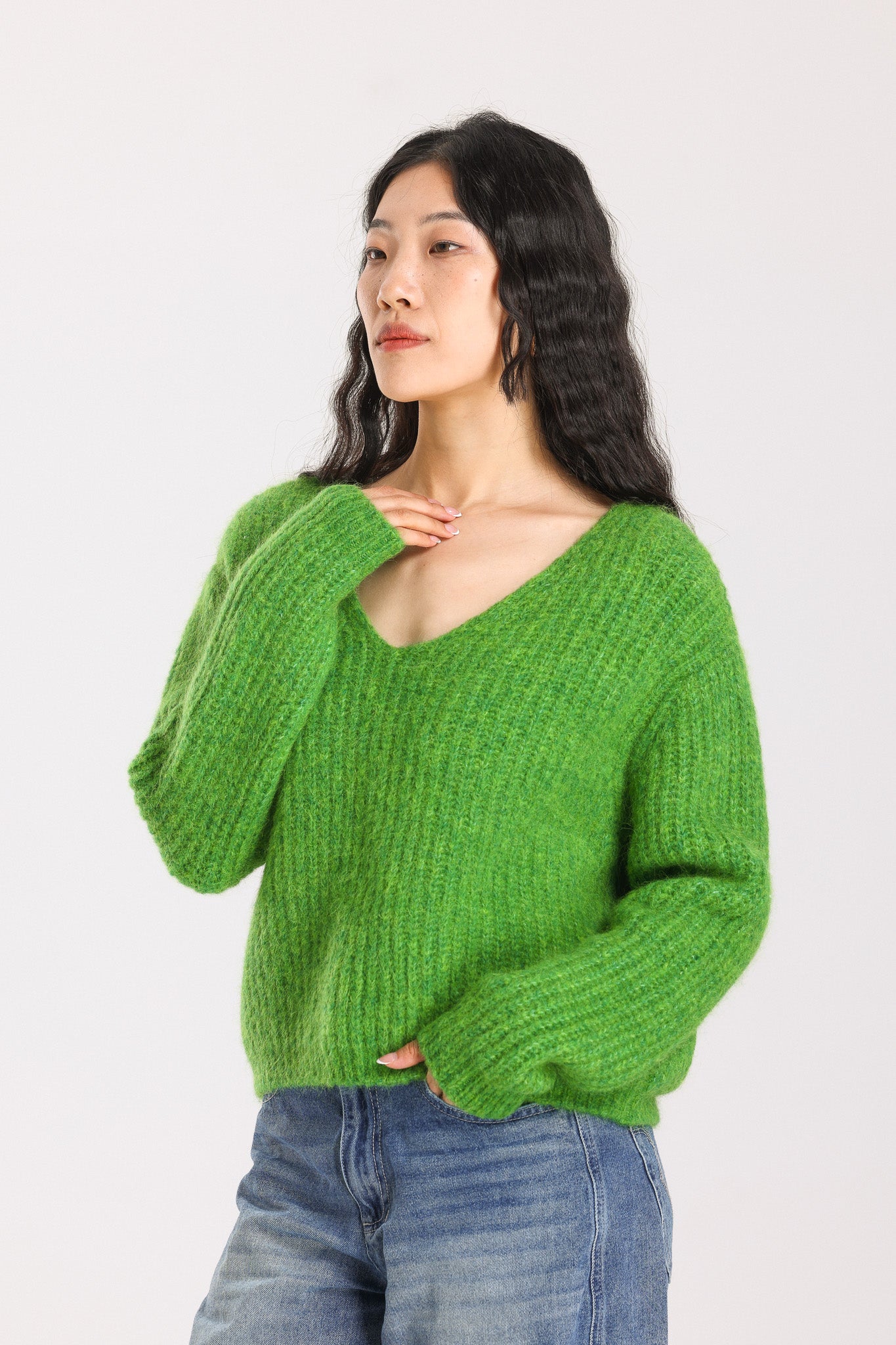 Immy V-neck Basic Alpaca wool  Knit Jumper - Green