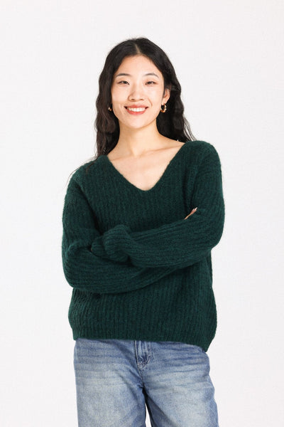 Immy V-neck Basic Alpaca Wool Knit Jumper  - Forest