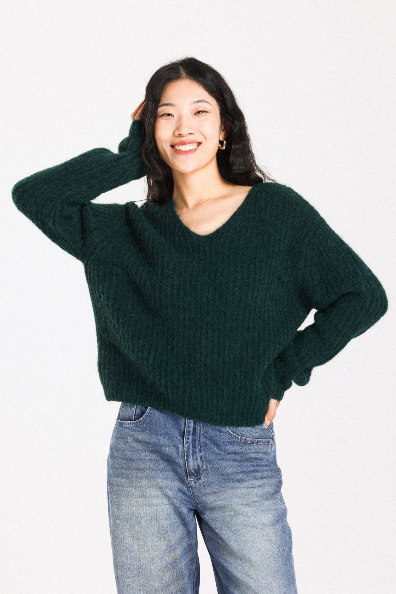 Immy V-neck Basic Alpaca Wool Knit Jumper  - Forest