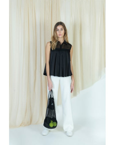 Black Hollow Pleated Blouse with Mesh