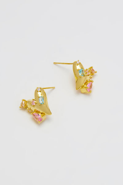 Gold Heart 2 Crystal Stud Earrings