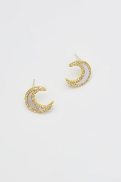 Ata Silver Jewelled Crescent Moon Stud Earrings