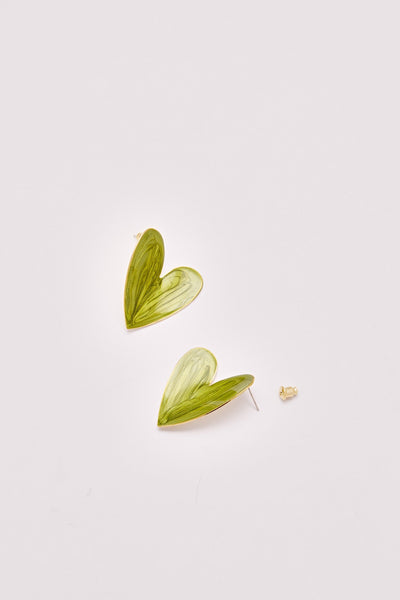 Enamel Large Heart Earrings Green