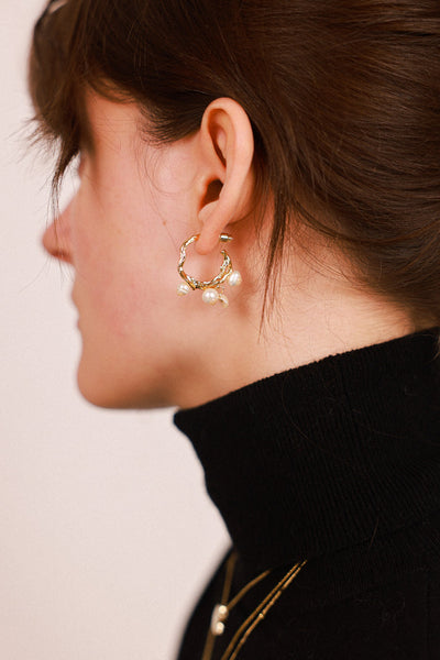 Gold Mini Pearl Floral Hoops Earrings