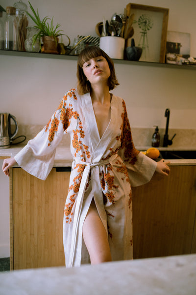 Alice Silk Kimono Robe Orange Print