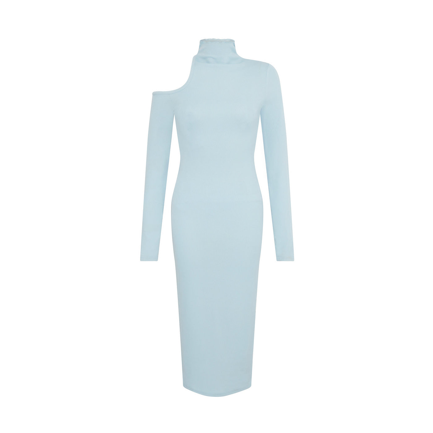 SOUR FIGS Asymmetric One-Shoulder Cutout Knitted Midi Dress in Baby Blue