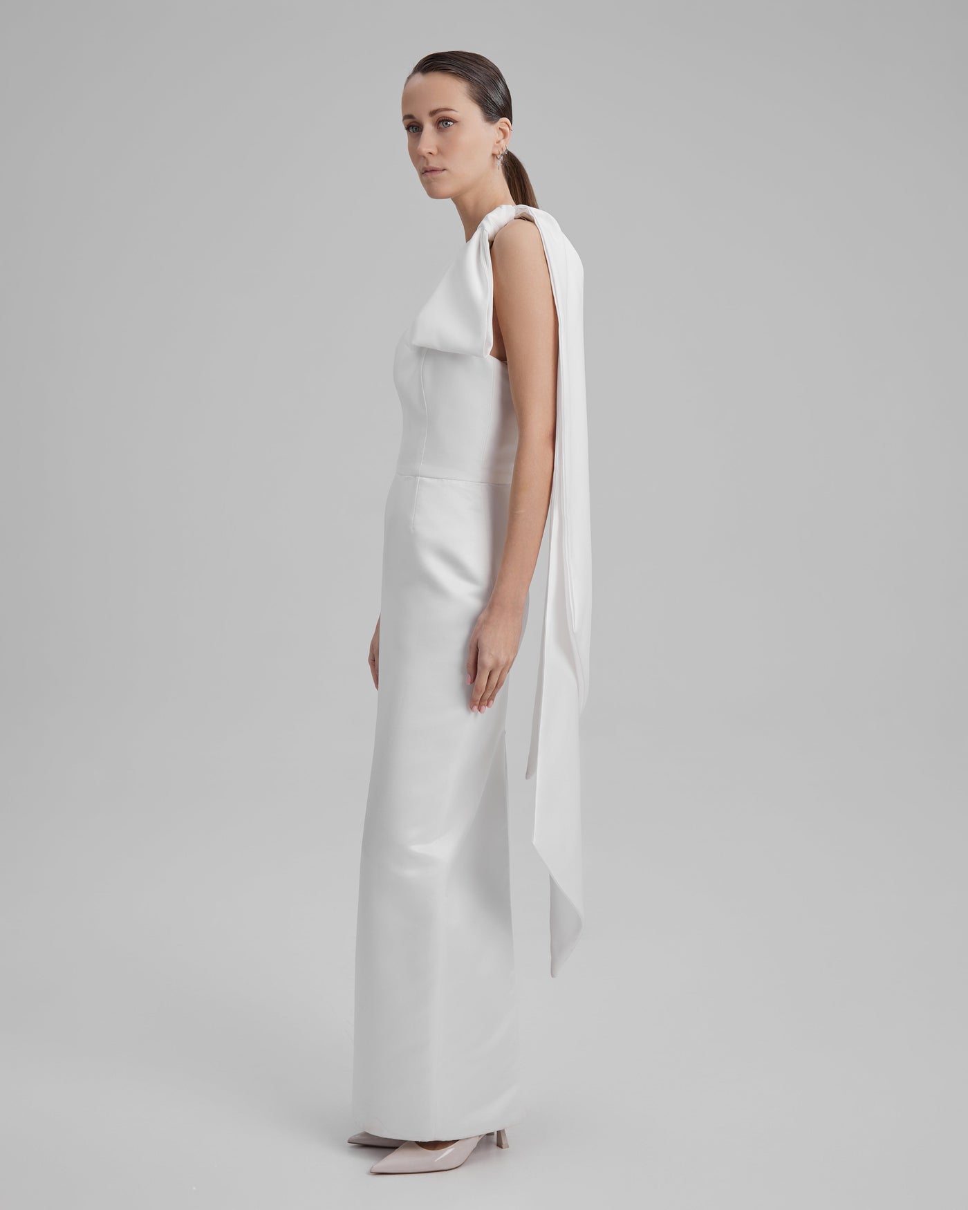 GIGI DRESS + CAPE BOW | strapless cone maxi in white