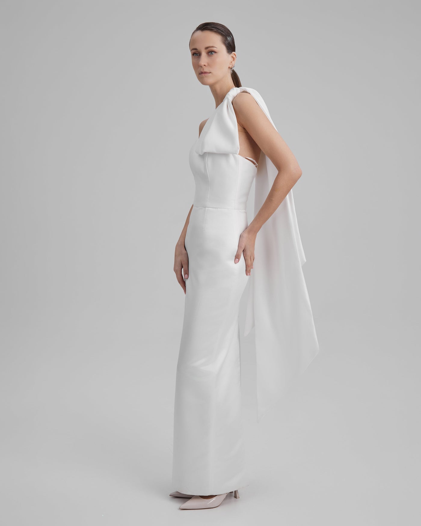 GIGI DRESS + CAPE BOW | strapless cone maxi in white