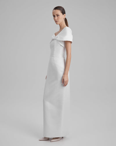 GIGI DRESS + SHOULDER BOW | strapless cone maxi in white