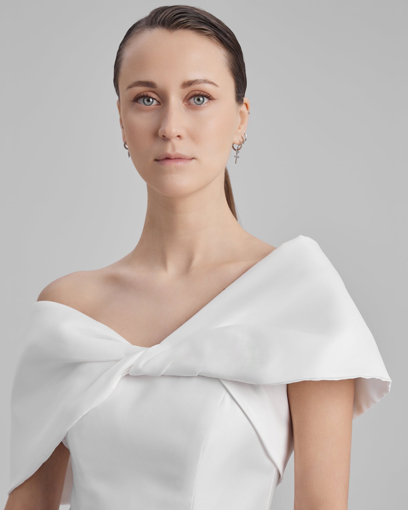 GIGI DRESS + SHOULDER BOW | strapless cone maxi in white