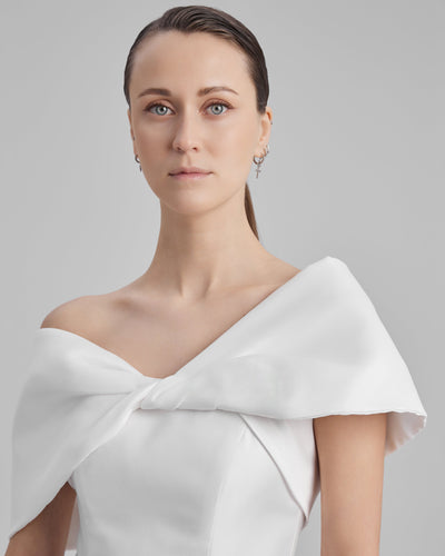 GIGI DRESS + SHOULDER BOW | strapless cone maxi in white