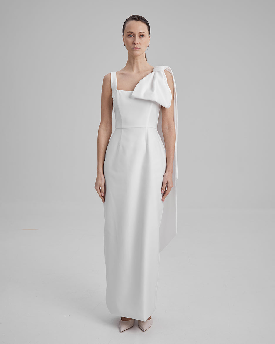 IDA DRESS + CAPE BOW | square neckline pencil maxi in white