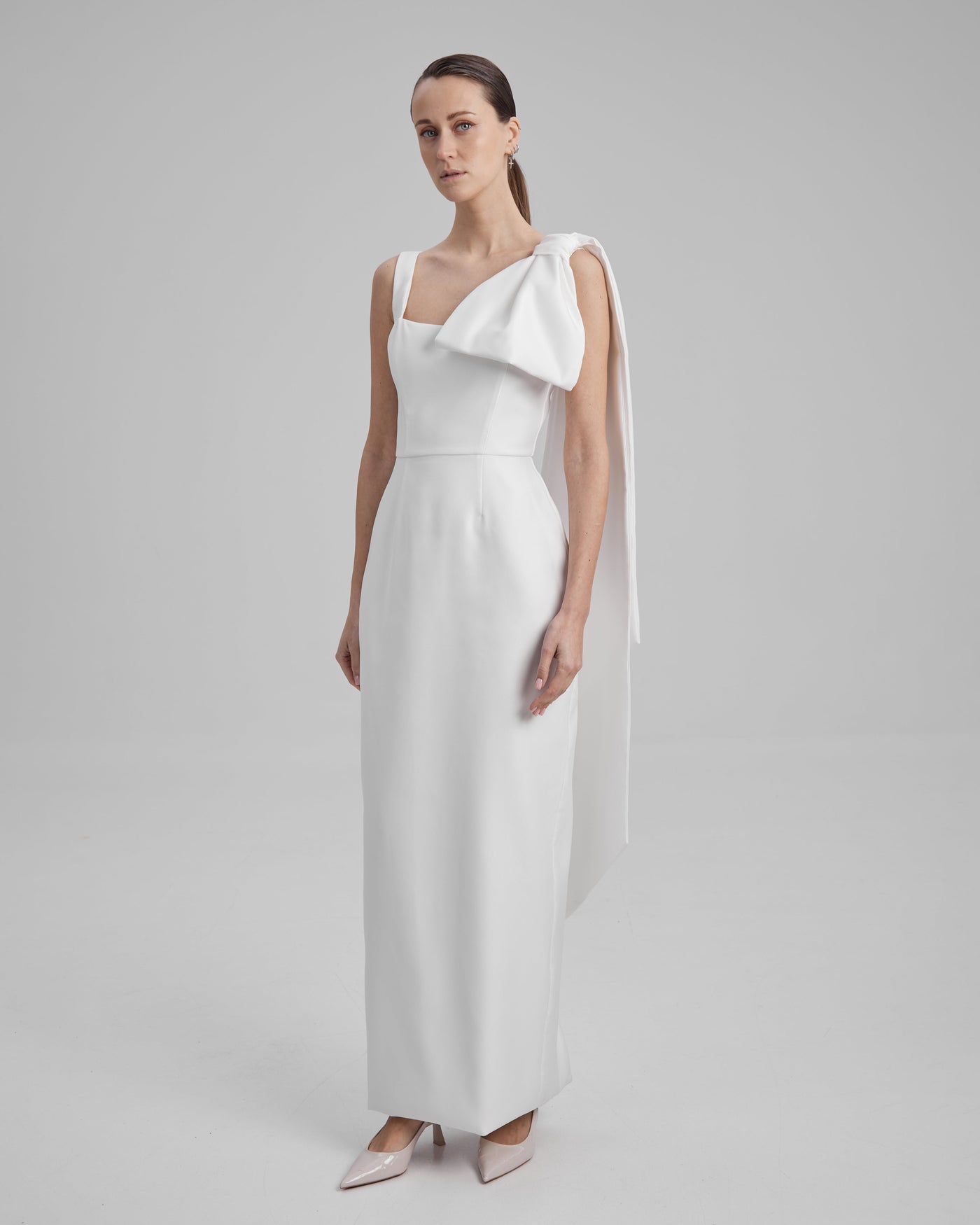 IDA DRESS + CAPE BOW | square neckline pencil maxi in white