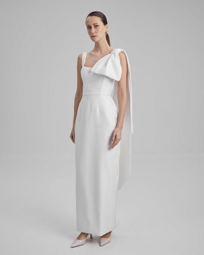 IDA DRESS + CAPE BOW | square neckline pencil maxi in white