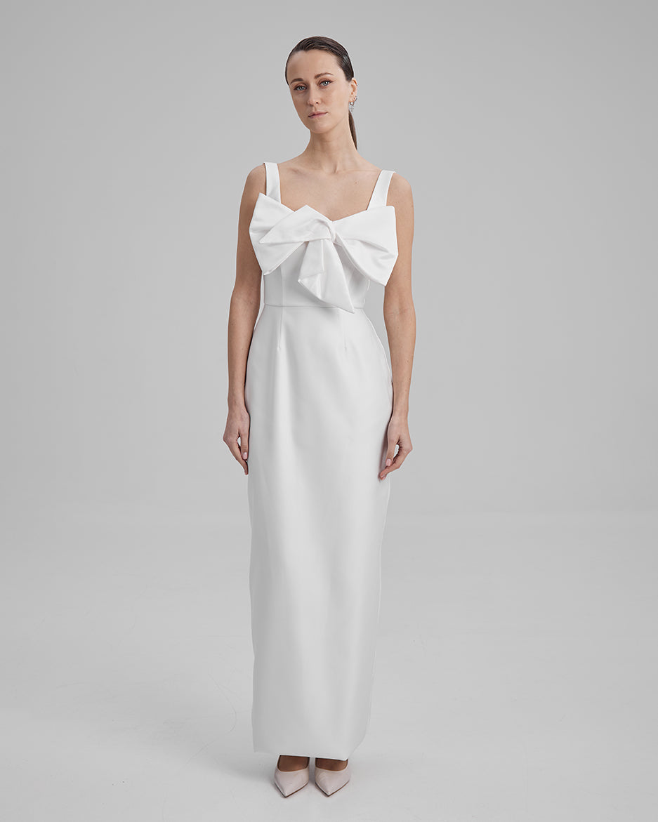 IDA DRESS + SMALL BOW | square neckline pencil maxi in white