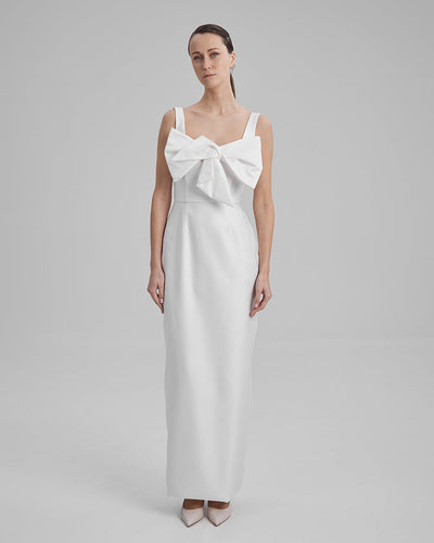 IDA DRESS + SMALL BOW | square neckline pencil maxi in white