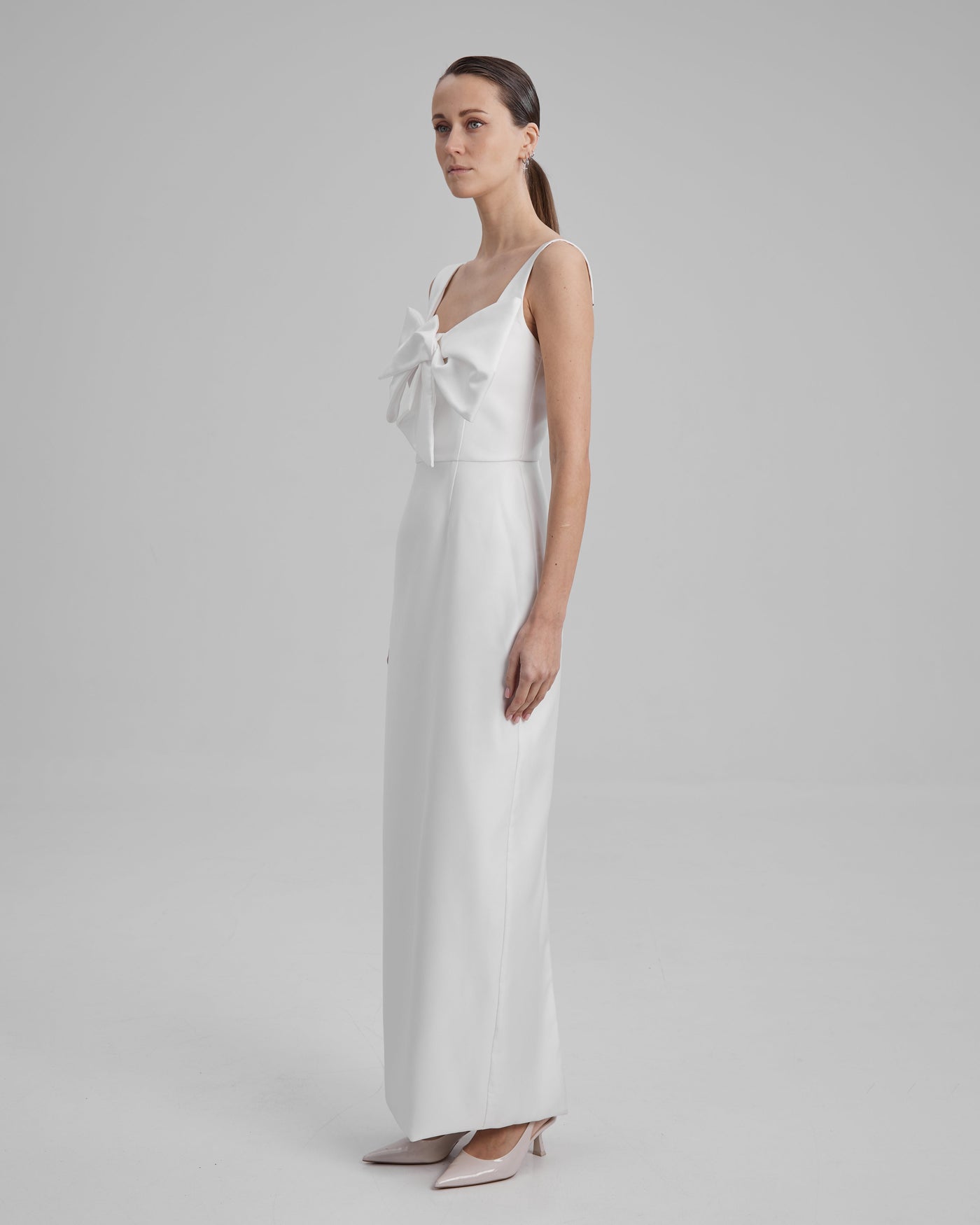 IDA DRESS + SMALL BOW | square neckline pencil maxi in white