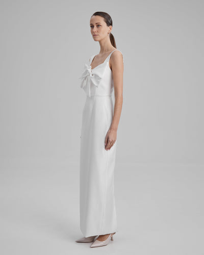 IDA DRESS + SMALL BOW | square neckline pencil maxi in white