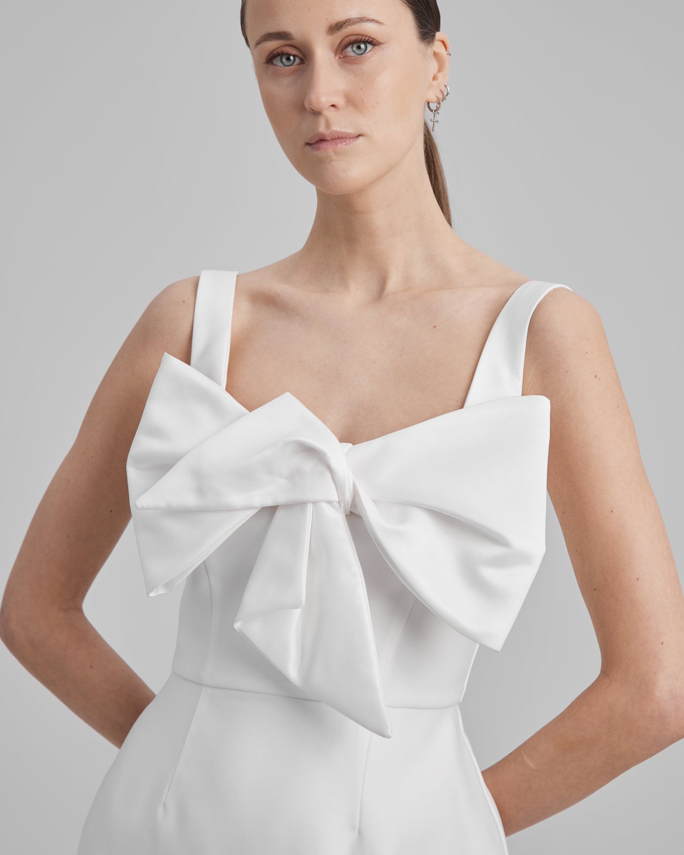 IDA DRESS + SMALL BOW | square neckline pencil maxi in white