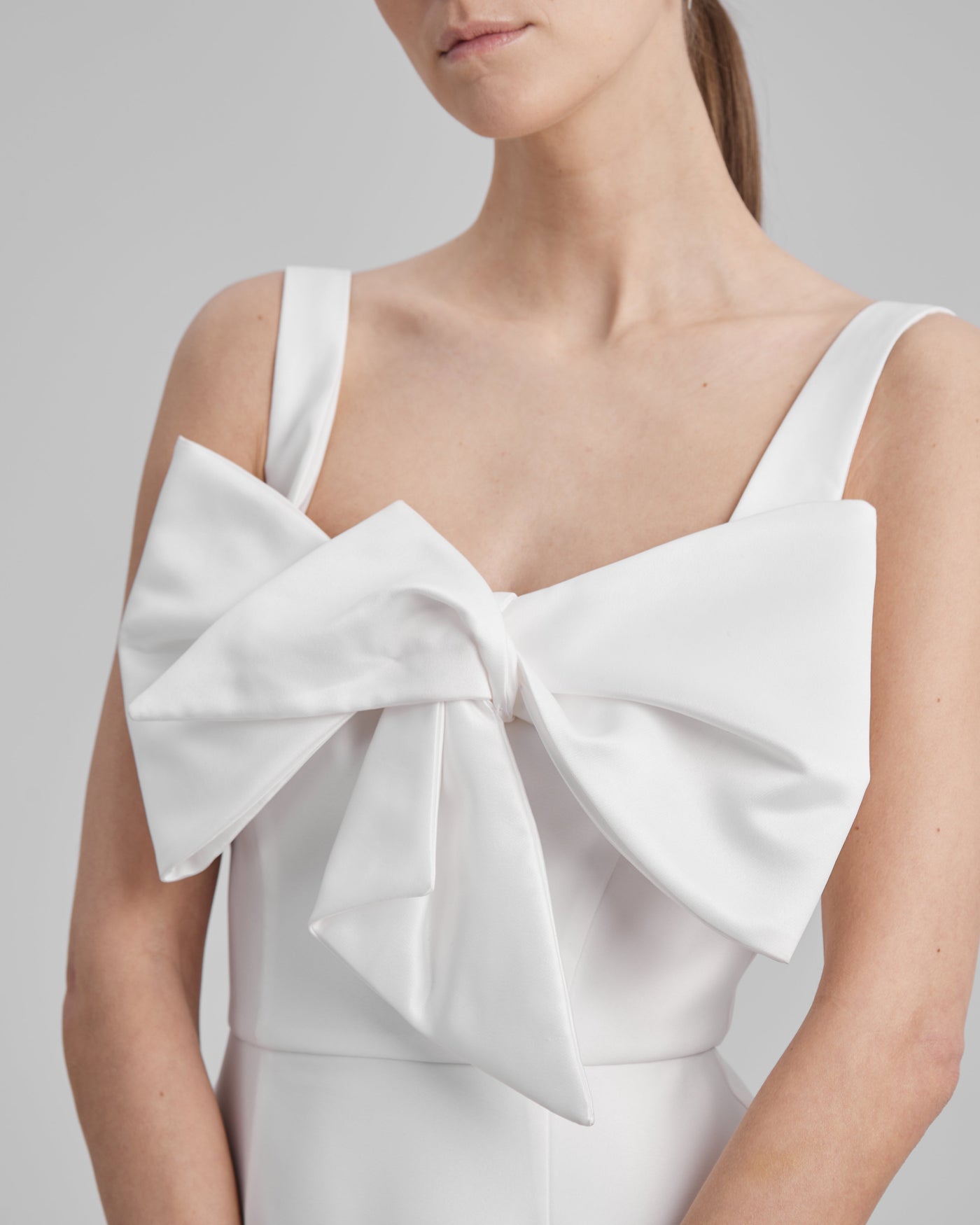 IDA DRESS + SMALL BOW | square neckline pencil maxi in white