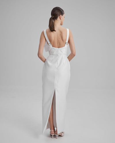 IDA DRESS + SMALL BOW | square neckline pencil maxi in white