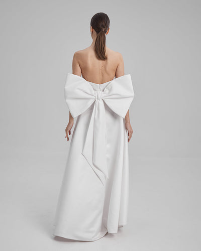 EVE DRESS + BIG BOW | Strapless A line maxi dress in white