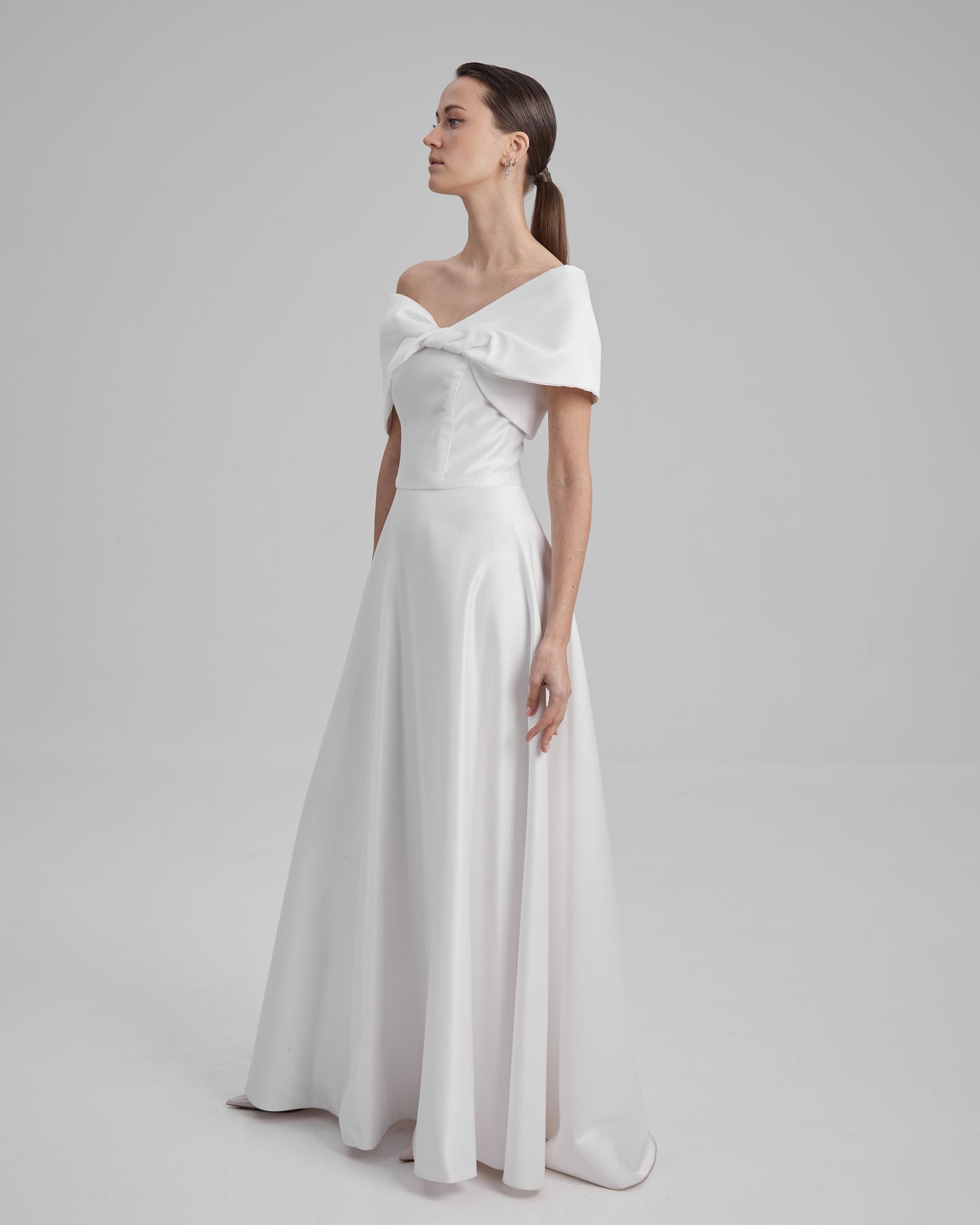 EVE DRESS + SHOULDER BOW | Strapless A line maxi dress in white