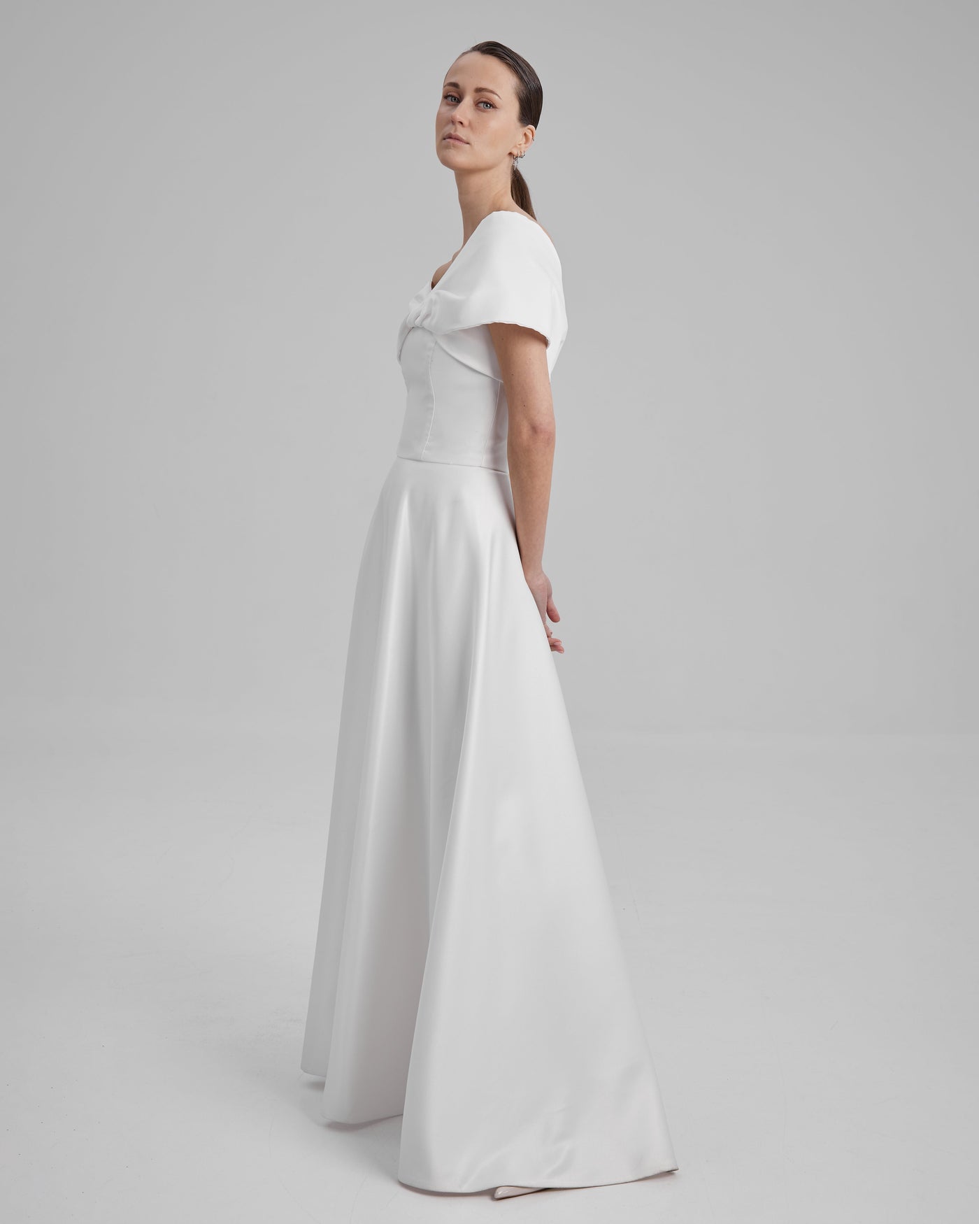 EVE DRESS + SHOULDER BOW | Strapless A line maxi dress in white