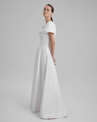 EVE DRESS + SHOULDER BOW | Strapless A line maxi dress in white